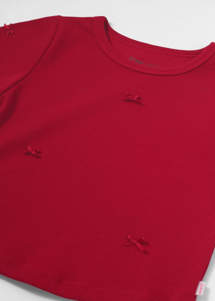 Áo Thun Gân Ngắn Tay Bé Gái Đỏ Nơ