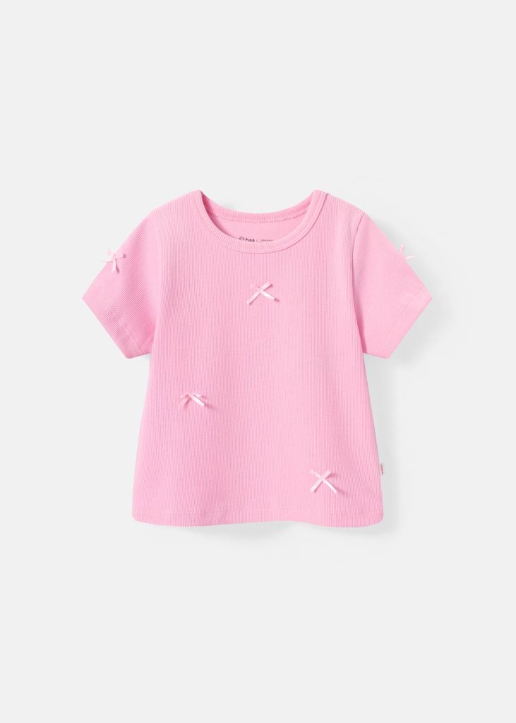 Áo Thun Gân Ngắn Tay Bé Gái Hồng Nơ