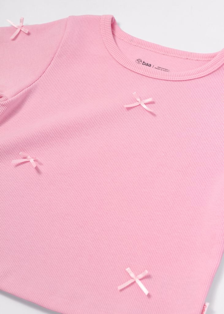 Áo Thun Gân Ngắn Tay Bé Gái Hồng Nơ