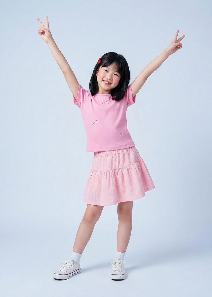 Áo Thun Gân Ngắn Tay Bé Gái Hồng Nơ