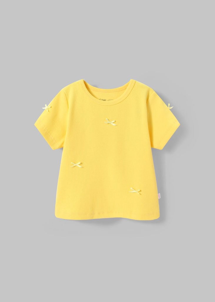 Áo Thun Gân Ngắn Tay Bé Gái Vàng Nơ