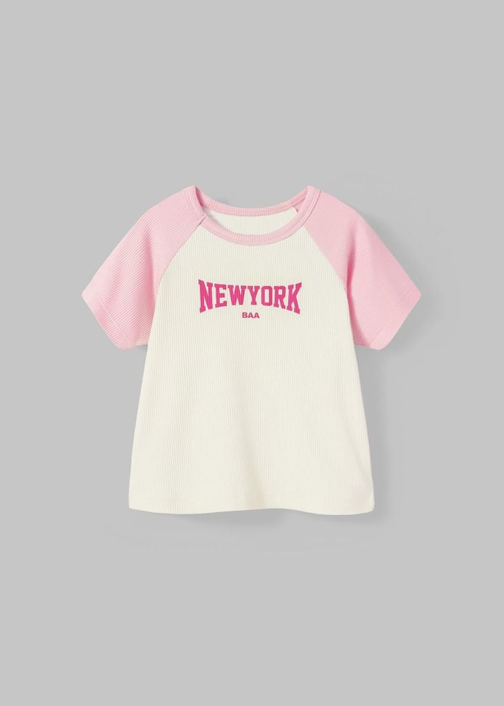 Áo Thun Gân Raglan Bé Gái Kem Phối Hồng New York