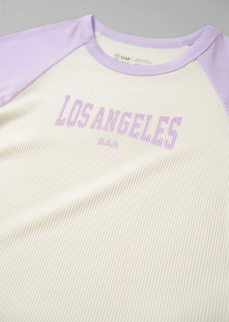 Áo Thun Gân Raglan Bé Gái Kem Phối Tím Los Angeles