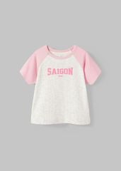 Áo Thun Gân Raglan Bé Gái Xám Melange Phối Hồng Saigon