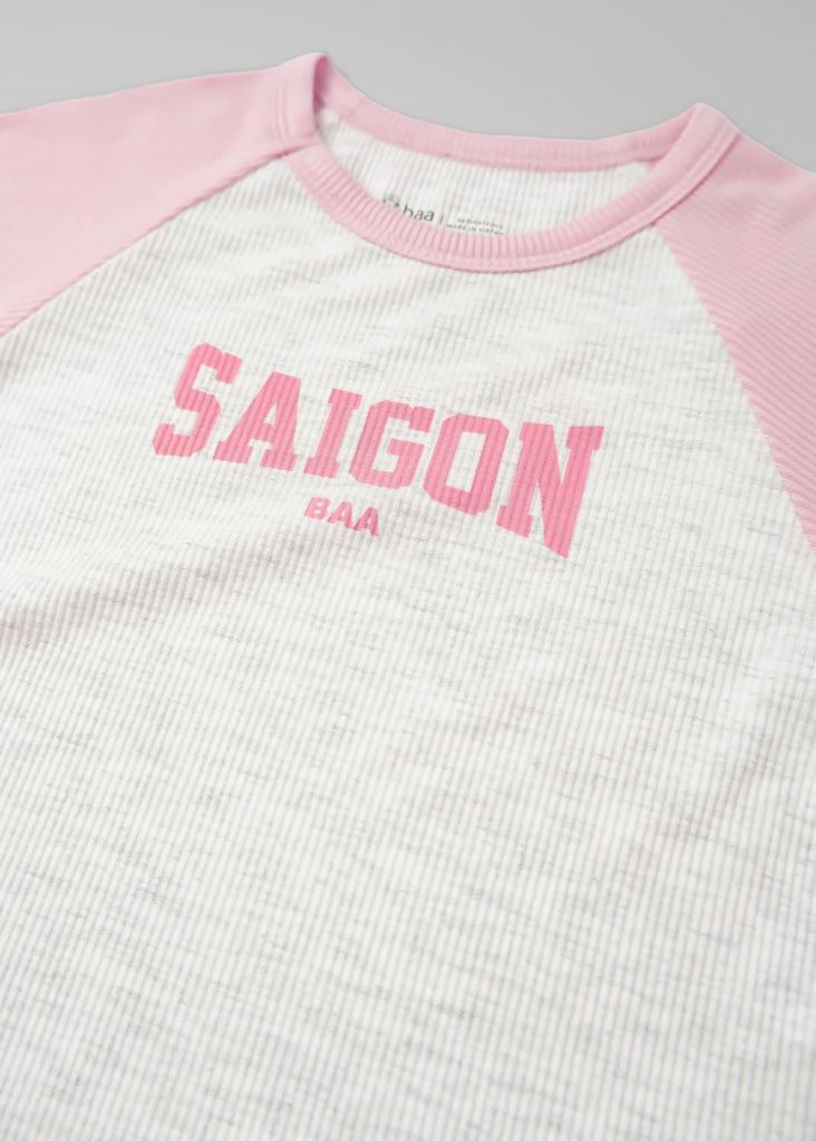 Áo Thun Gân Raglan Bé Gái Xám Melange Phối Hồng Saigon