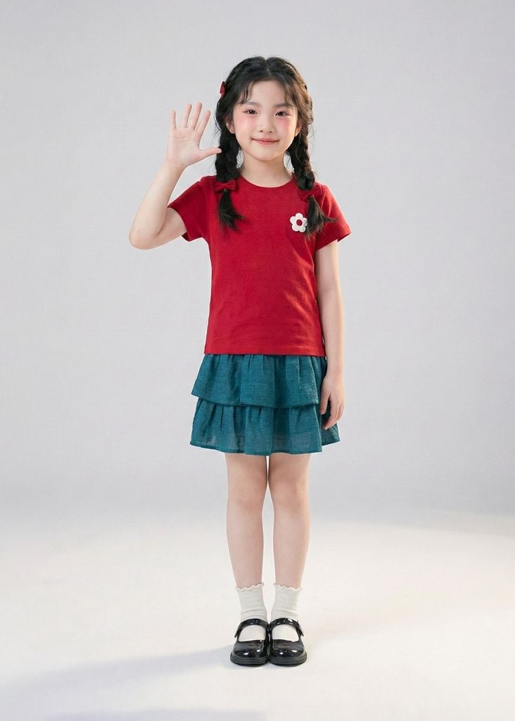 Áo Thun Ngắn Tay Bé Gái Đỏ Thêu Xù Hoa Xinh