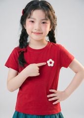 Áo Thun Ngắn Tay Bé Gái Đỏ Thêu Xù Hoa Xinh