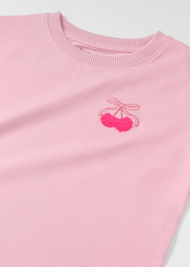 Áo Thun Ngắn Tay Bé Gái Hồng Thêu Cherry