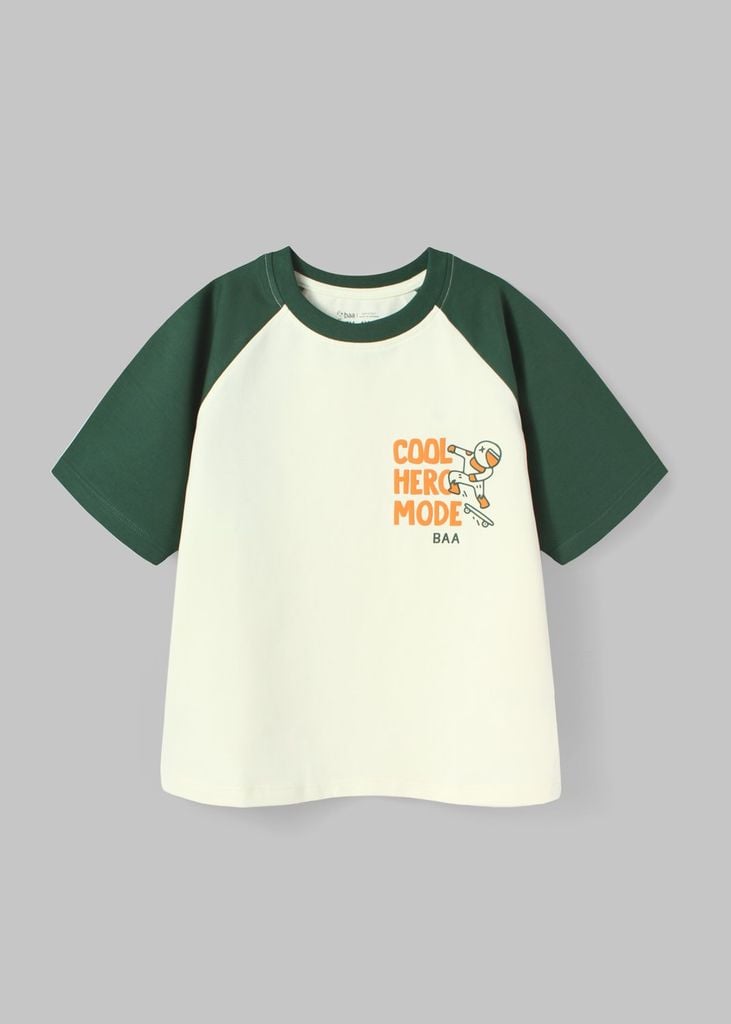 Áo Thun Raglan Form Rộng Bé Trai Kem Phối Xanh Cool Hero Mode