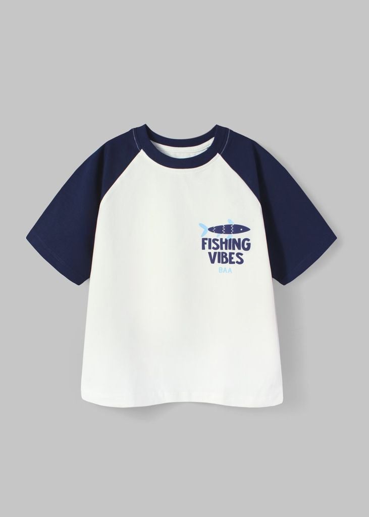 Áo Thun Raglan Form Rộng Bé Trai Trắng Phối Navy Fishing Vibes