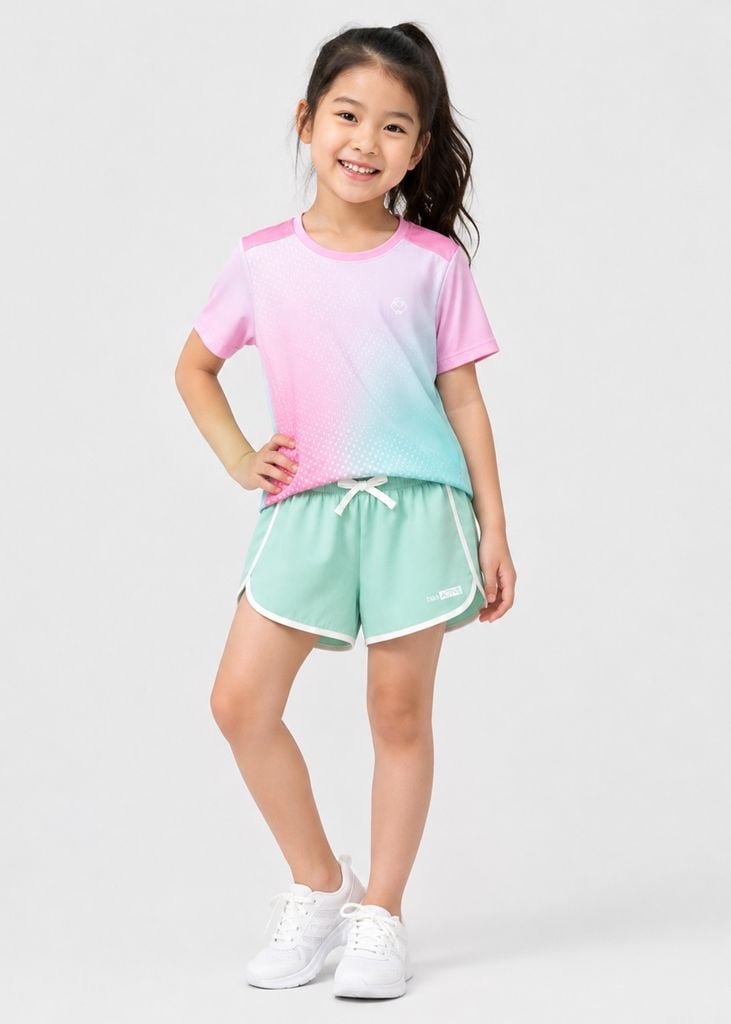 Set Thể Thao Cho Bé Siêu Nhẹ Ultra Light Họa Tiết (Hồng Halftone Dots + Quần Dù Xanh Mint)