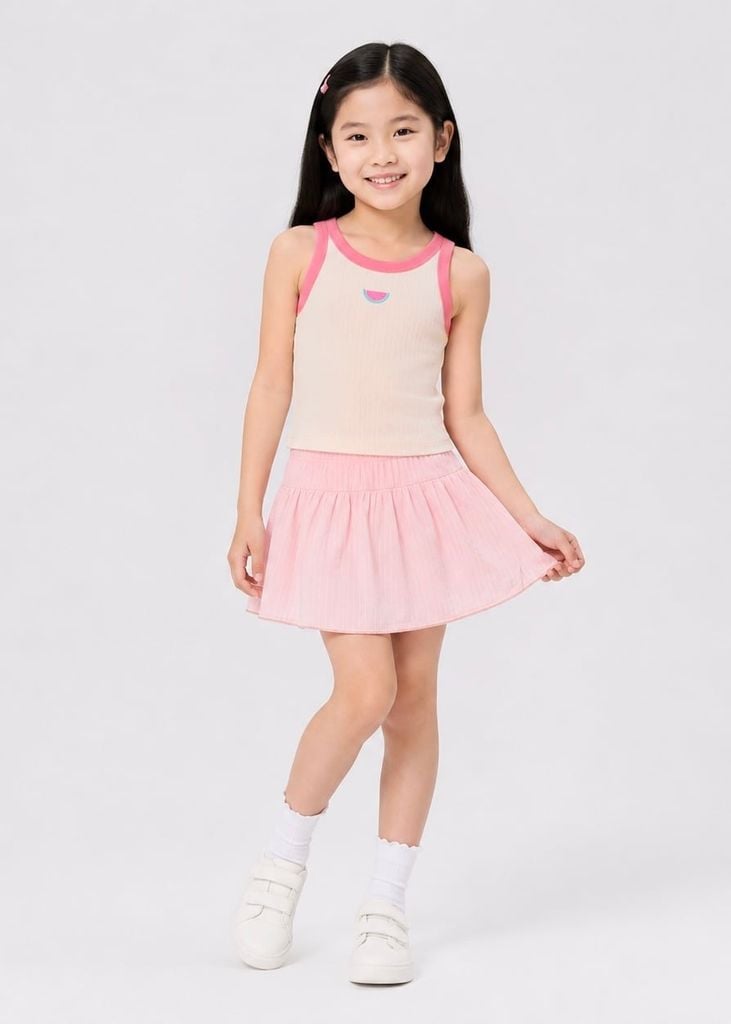 Bộ Áo Thun Ba Lỗ Gân Và Chân Váy Bé Gái (Kem Phối Hồng + Hồng 02)