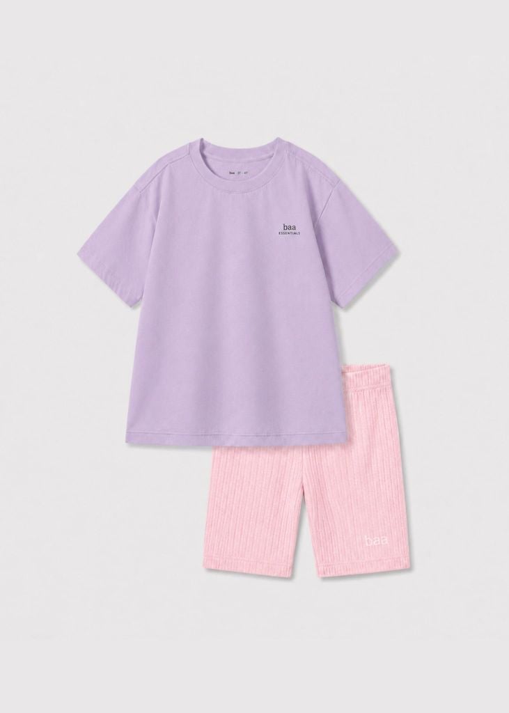 Bộ Áo Thun Form Rộng Và Quần Biker Bé Gái (Tím Nhạt 02 + Hồng Pastel)