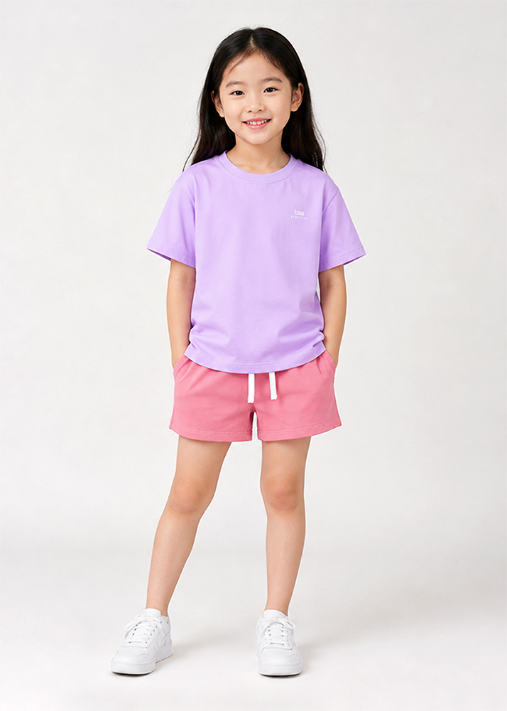 Bộ Áo Thun Form Rộng Và Quần Short Bé Gái (Tím Nhạt 02 + Da Cá Hồng Đất)