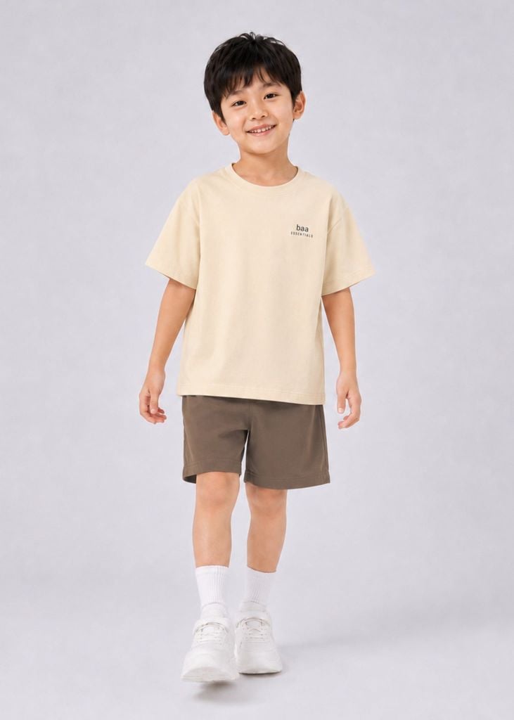 Bộ Áo Thun Form Rộng Và Quần Short Da Cá Bé Trai (Be + Nâu)