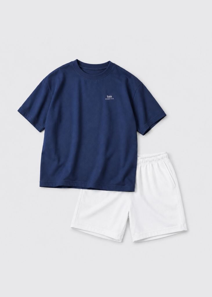 Bộ Áo Thun Form Rộng Và Quần Short Da Cá Bé Trai (Navy 03 + Trắng Kem)