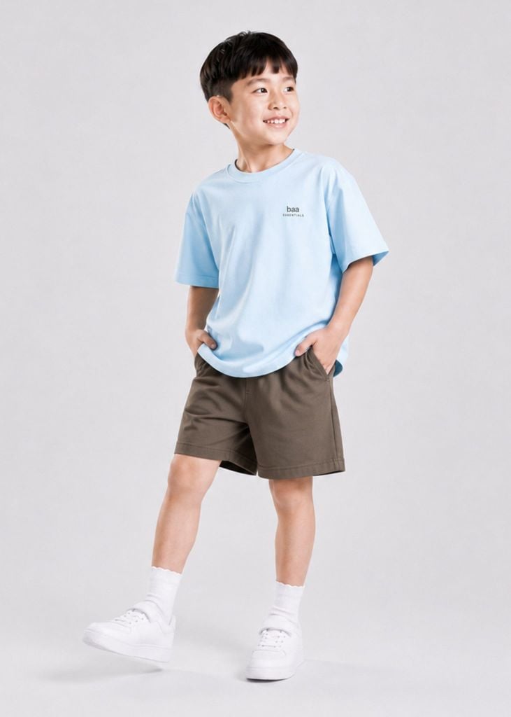 Bộ Áo Thun Form Rộng Và Quần Short Da Cá Bé Trai (Xanh Nhạt + Nâu)