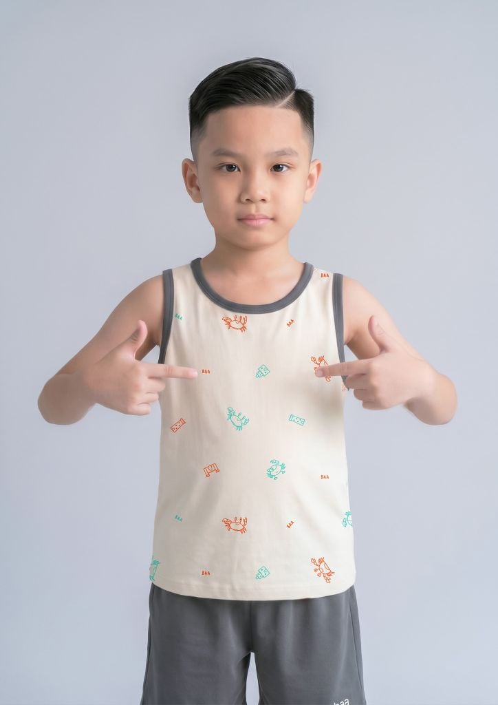 Bộ Thun Ba Lỗ Bé Trai Be Hoạ Tiết Đại Dương Phối Xám