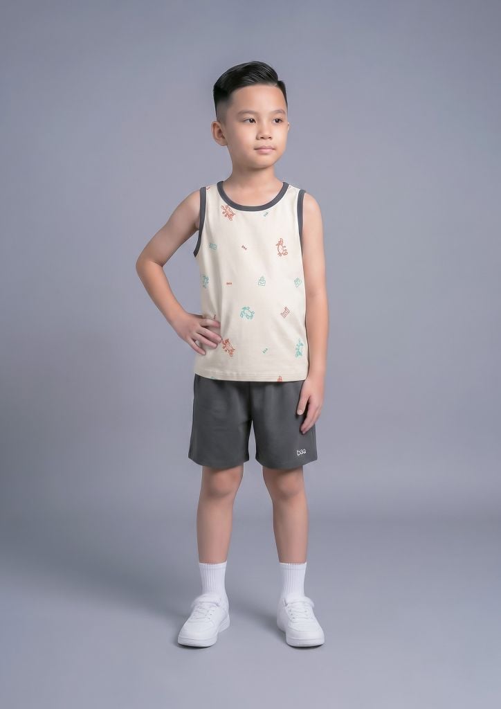 Bộ Thun Ba Lỗ Bé Trai Be Hoạ Tiết Đại Dương Phối Xám