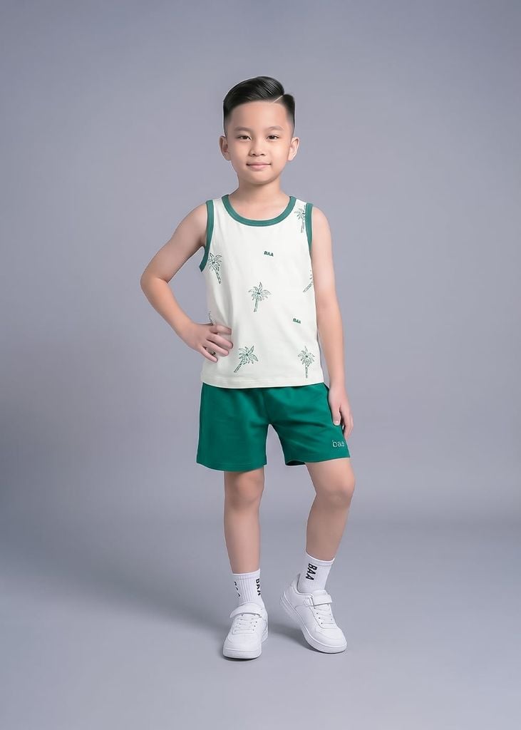 Bộ Thun Ba Lỗ Bé Trai Kem Hoạ Tiết Cây Dừa Phối Xanh Lá