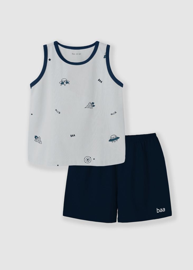 Bộ Thun Ba Lỗ Bé Trai Kem Hoạ Tiết Vũ Trụ Phối Navy