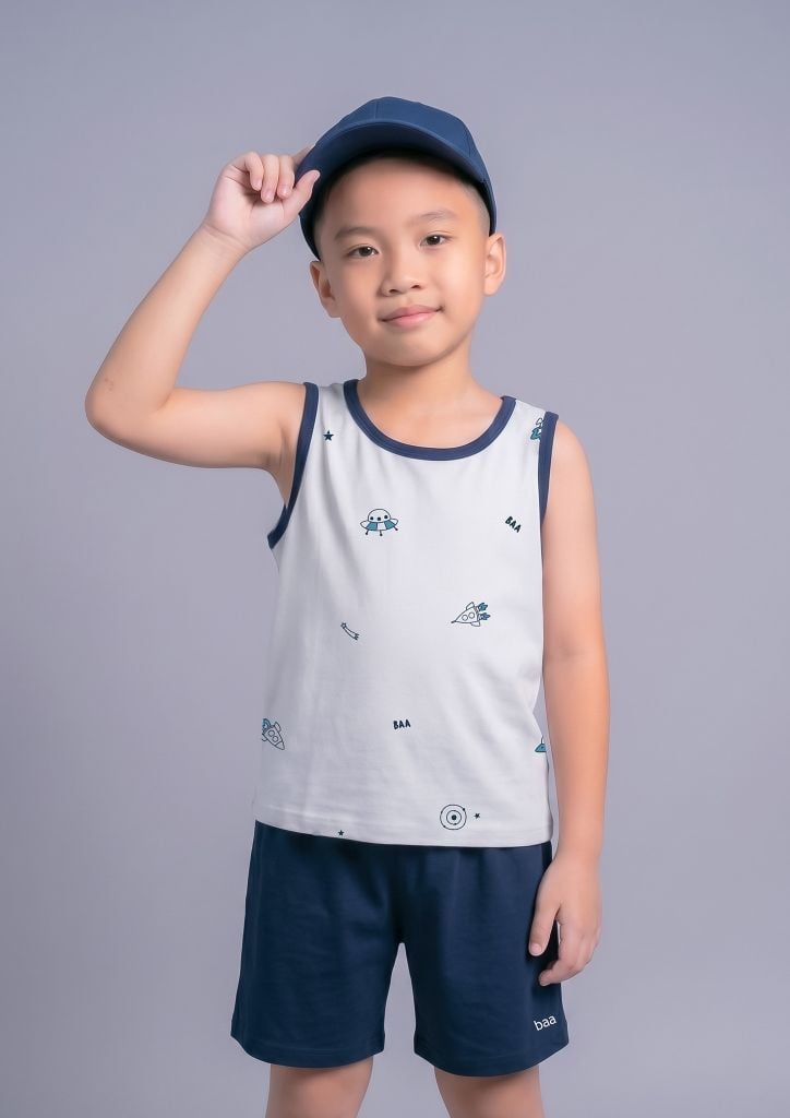 Bộ Thun Ba Lỗ Bé Trai Kem Hoạ Tiết Vũ Trụ Phối Navy