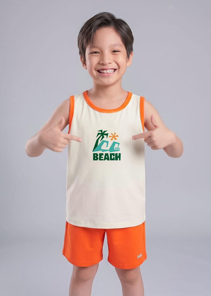 Bộ Thun Ba Lỗ Bé Trai Kem Phối Cam Sóng Biển