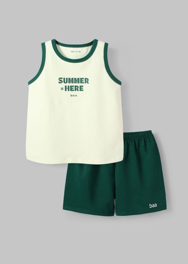 Bộ Thun Ba Lỗ Bé Trai Kem Summer Here Phối Xanh Lá