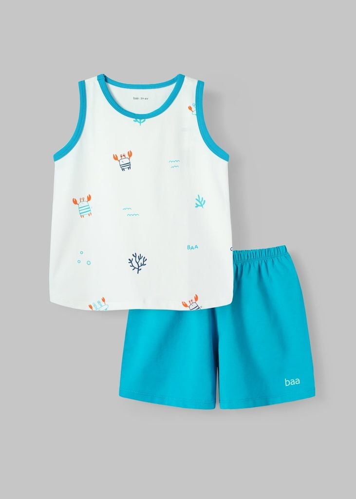 Bộ Thun Ba Lỗ Bé Trai Trắng Phối Xanh Biển Hoạ Tiết Đại Dương