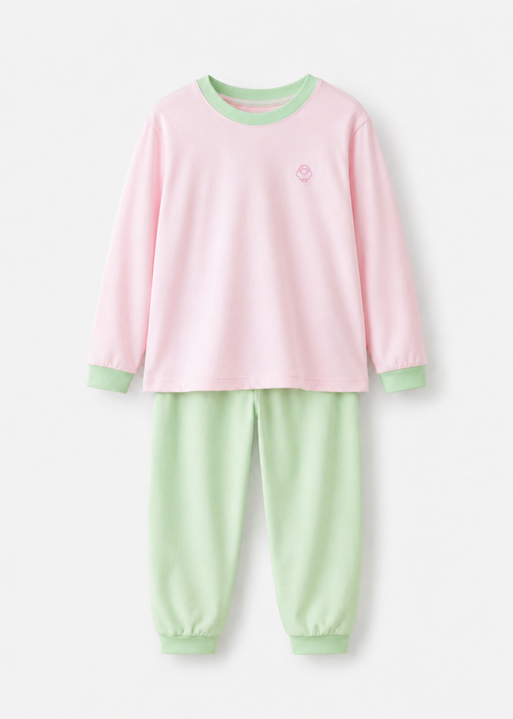 Bộ Thun Dài Bé Gái Hồng Pastel Phối Xanh Ngọc