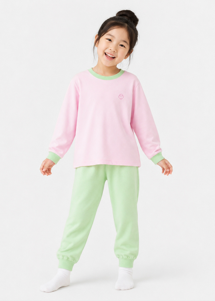 Bộ Thun Dài Bé Gái Hồng Pastel Phối Xanh Ngọc