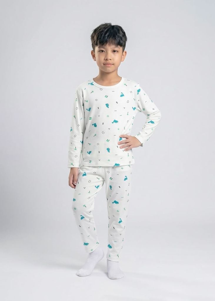 Bộ Thun Dài Bé Trai Viscose Trắng Hoạ Tiết Khủng Long