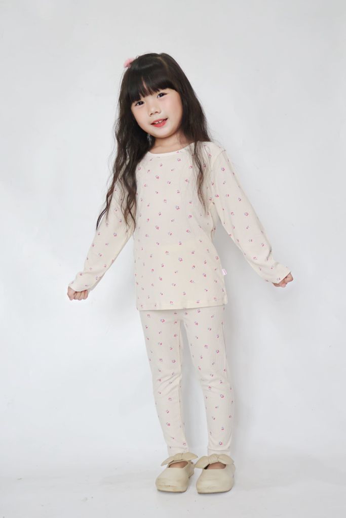 Bộ Thun Gân Dài Tay Bé Gái Trắng Kem Hoa Liti