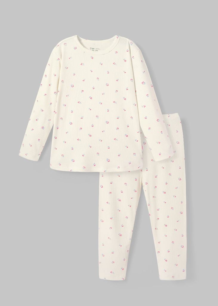 Bộ Thun Gân Dài Tay Bé Gái Trắng Kem Hoa Liti