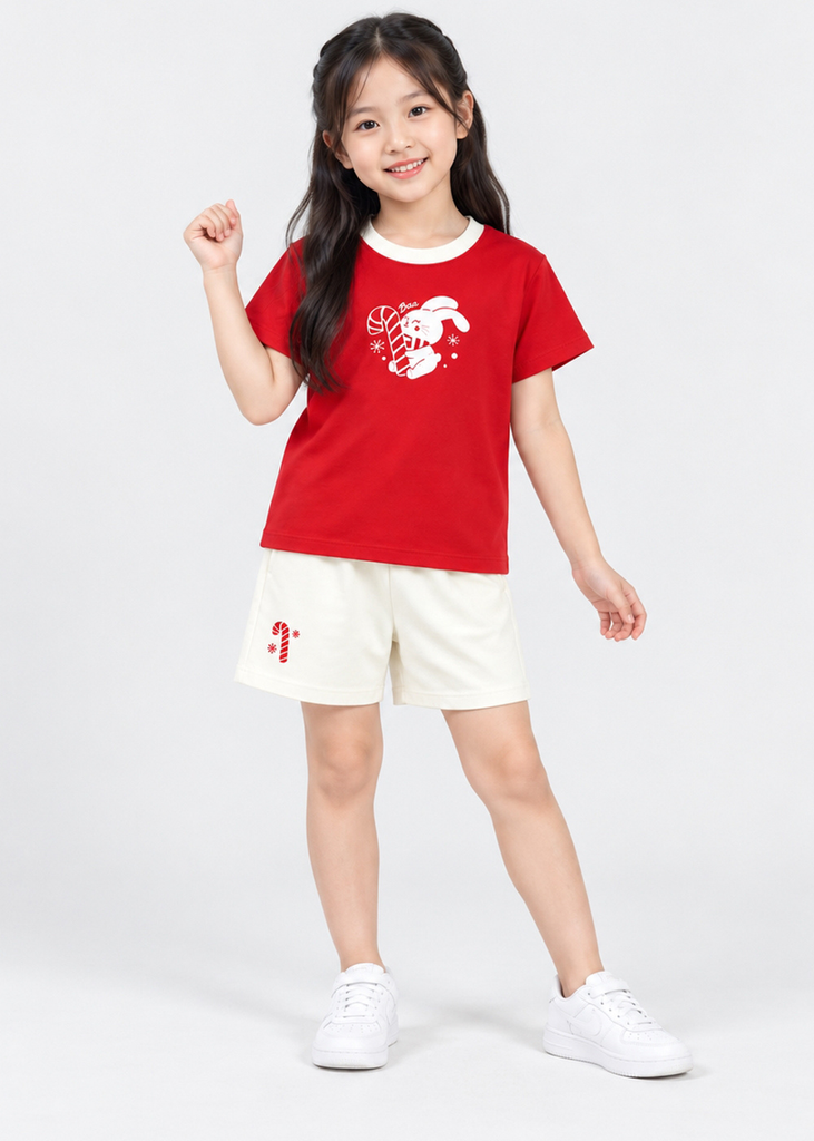 Bộ Thun Ngắn Tay Bé Gái Đỏ Sweet Bunny Phối Kem