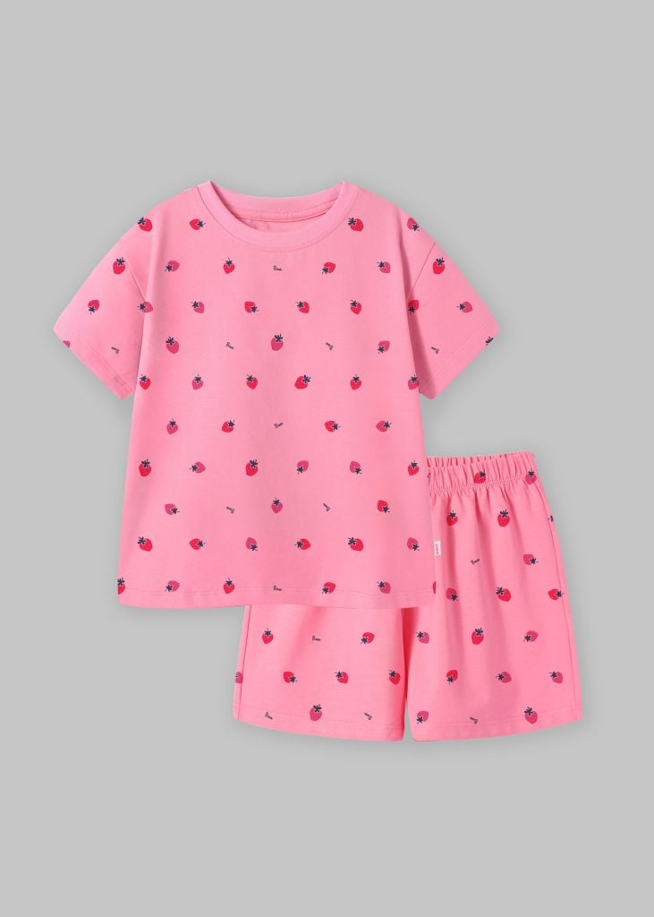 Bộ Thun Ngắn Tay Bé Gái Form Rộng Hồng Họa Tiết Strawberry