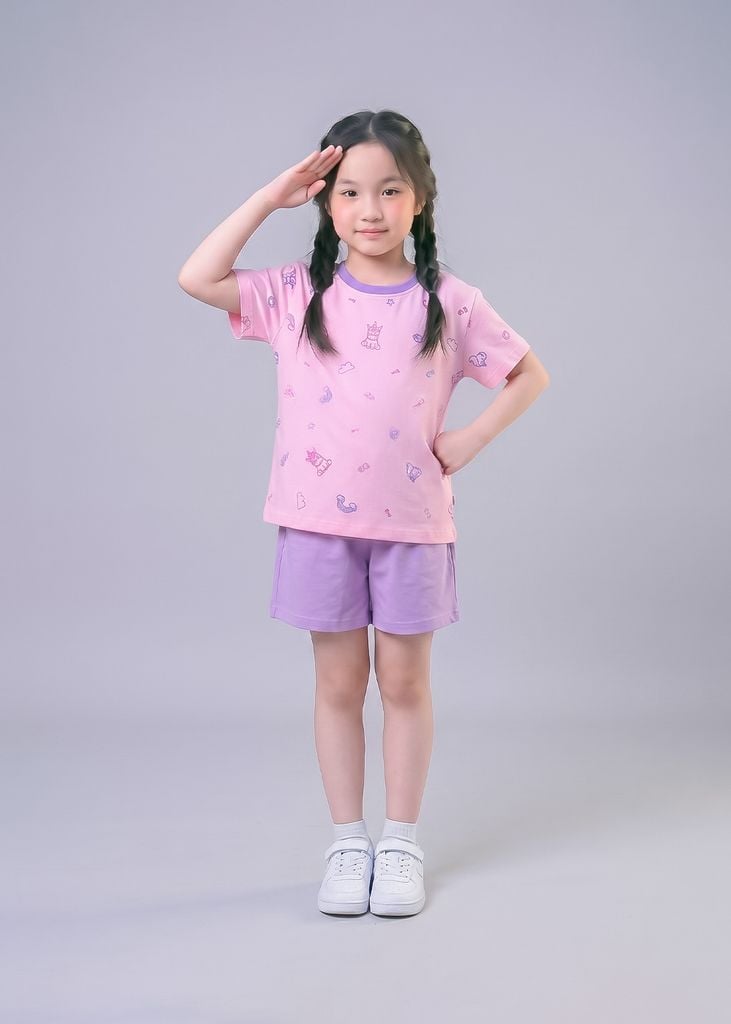 Bộ Thun Ngắn Tay Bé Gái Form Rộng Hồng Hoạ Tiết Unicorn Phối Tím