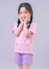 Bộ Thun Ngắn Tay Bé Gái Form Rộng Hồng Hoạ Tiết Unicorn Phối Tím
