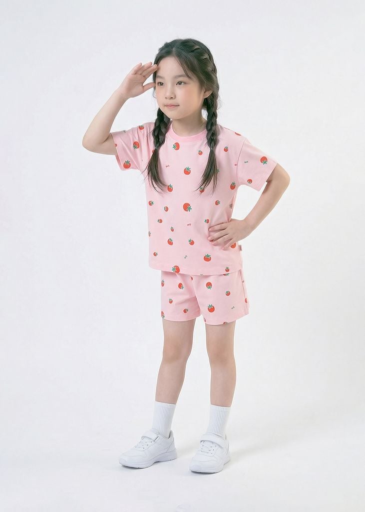 Bộ Thun Ngắn Tay Bé Gái Form Rộng Hồng Nhạt Họa Tiết Tomato