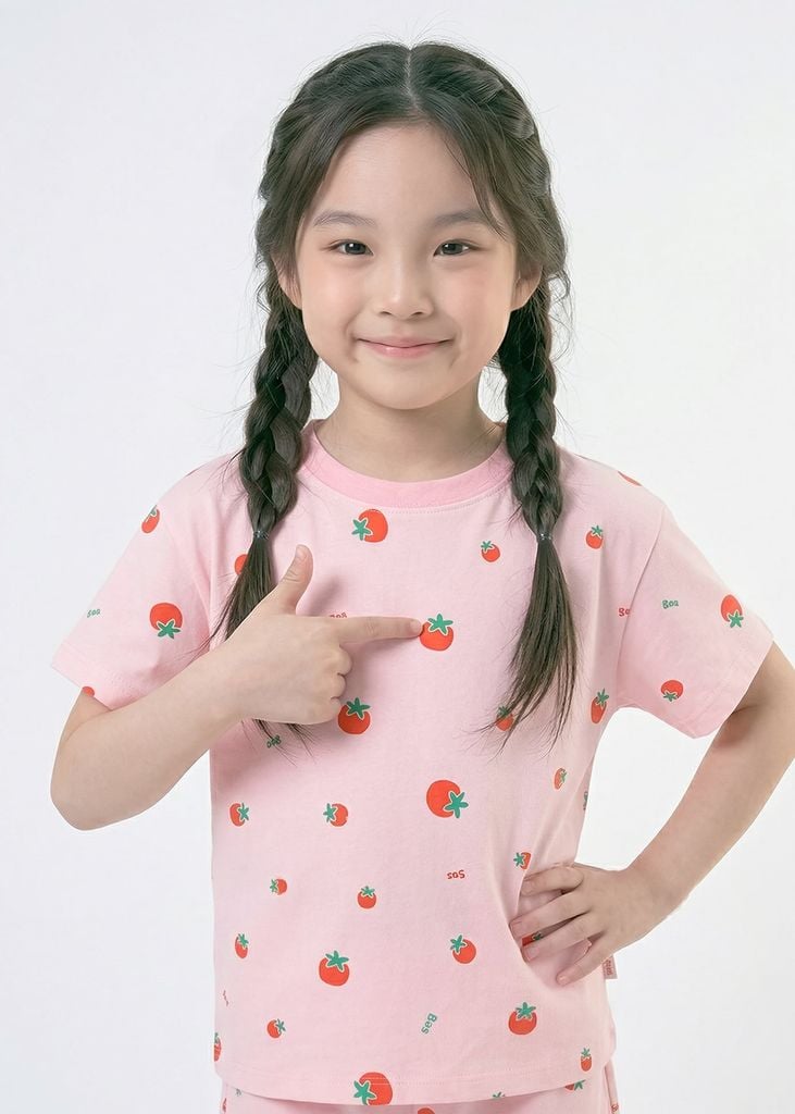 Bộ Thun Ngắn Tay Bé Gái Form Rộng Hồng Nhạt Họa Tiết Tomato