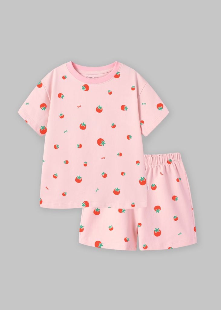 Bộ Thun Ngắn Tay Bé Gái Form Rộng Hồng Nhạt Họa Tiết Tomato