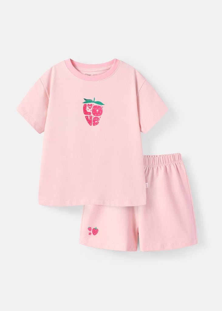 Bộ Thun Ngắn Tay Bé Gái Form Rộng Hồng Nhạt Strawberry