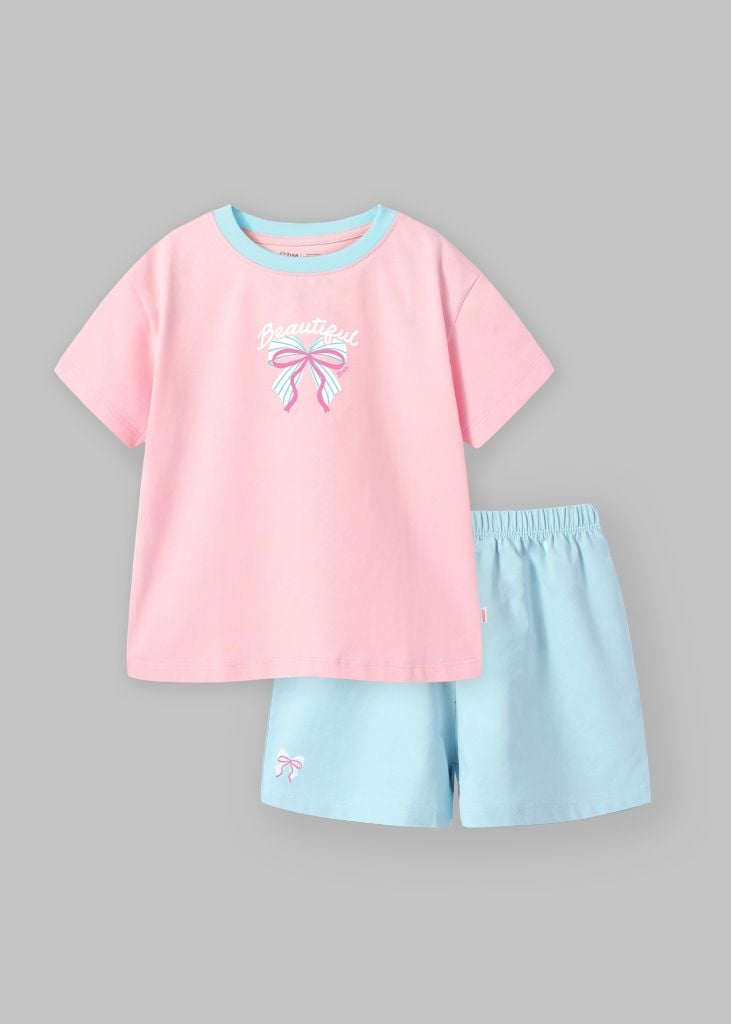 Bộ Thun Ngắn Tay Bé Gái Form Rộng Hồng Nơ Phối Xanh
