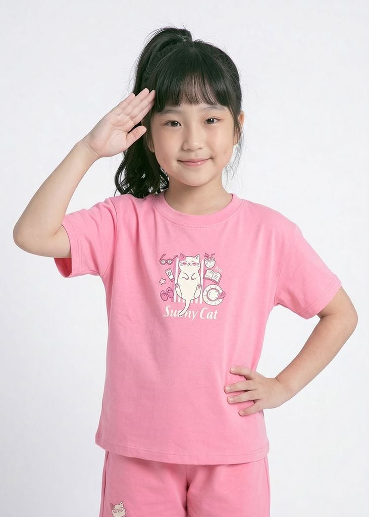 Bộ Thun Ngắn Tay Bé Gái Form Rộng Hồng Sunny Cat