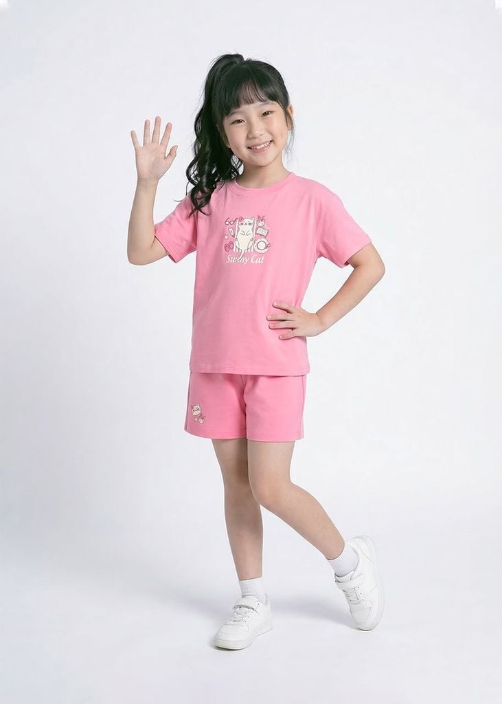 Bộ Thun Ngắn Tay Bé Gái Form Rộng Hồng Sunny Cat