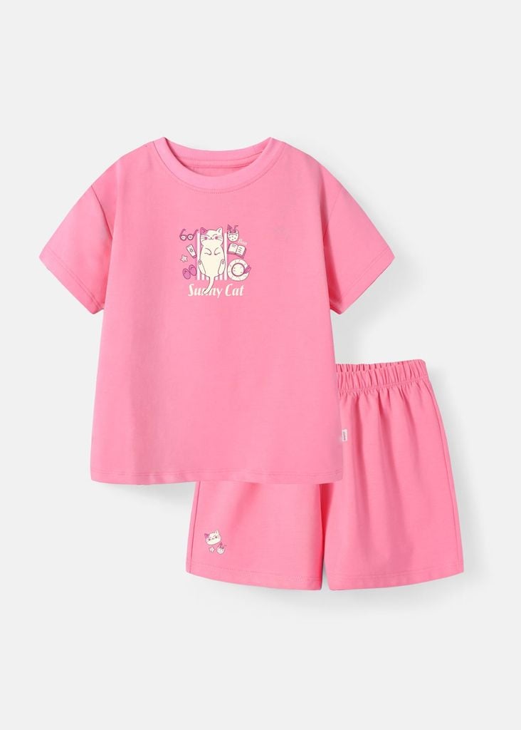 Bộ Thun Ngắn Tay Bé Gái Form Rộng Hồng Sunny Cat