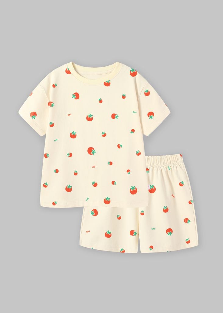 Bộ Thun Ngắn Tay Bé Gái Form Rộng Kem Họa Tiết Tomato