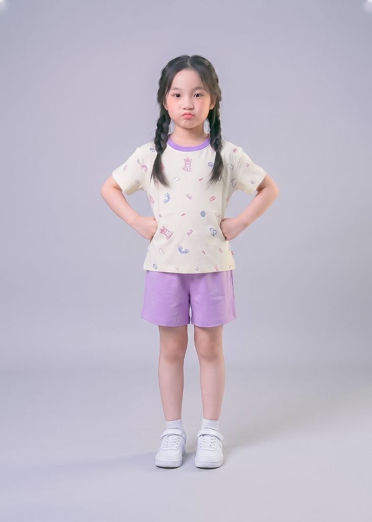 Bộ Thun Ngắn Tay Bé Gái Form Rộng Kem Hoạ Tiết Unicorn Phối Tím