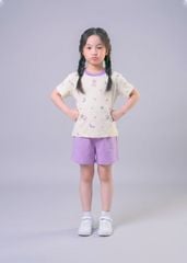 Bộ Thun Ngắn Tay Bé Gái Form Rộng Kem Hoạ Tiết Unicorn Phối Tím