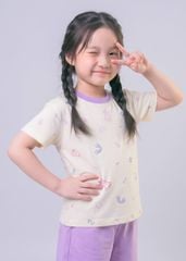 Bộ Thun Ngắn Tay Bé Gái Form Rộng Kem Hoạ Tiết Unicorn Phối Tím